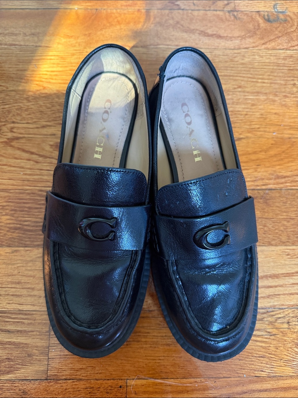 Coach Women Black Leather Penny Loafers with Signature 'C' Accent - Picture 2 of 4